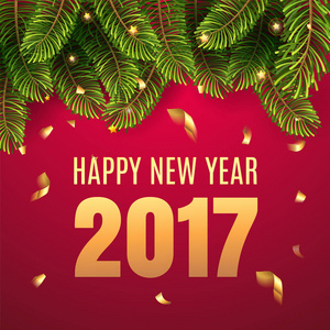 圣诞快乐和2017年新年快乐贺卡与圣诞节装饰杉树枝和纸屑和数字2017年。红色和绿色圣诞经典颜色矢量插图。EPS10