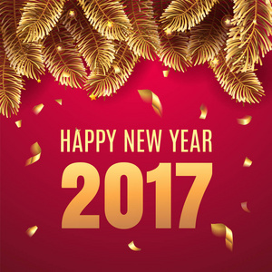 圣诞快乐和2017年新年快乐贺卡与圣诞节装饰杉树枝和纸屑和数字2017年。矢量图。EPS10