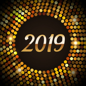 2019新年快乐金色背景迪斯科风格。金色派对灯框矢量插图