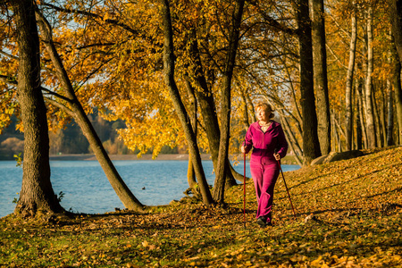 北欧老年妇女在户外用棍子在农村散步。积极健康的生活方式..
