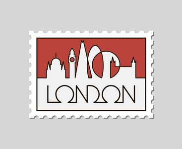 带有伦敦城抽象线性插图的邮票