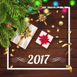 向量2017新年快乐背景与金黄礼物鞠躬在冷杉树之下。圣诞装饰, 五彩纸屑, 贺卡上的浅色花环