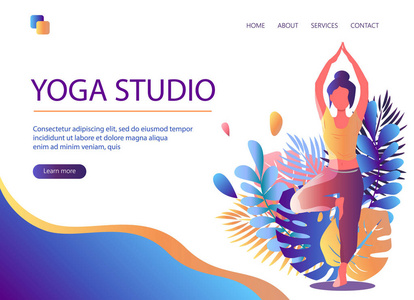 瑜伽工作室的网页模板。现代平面设计理念的网页设计为网站和移动网站。女人做瑜伽练习, 瑜伽姿势。向量例证