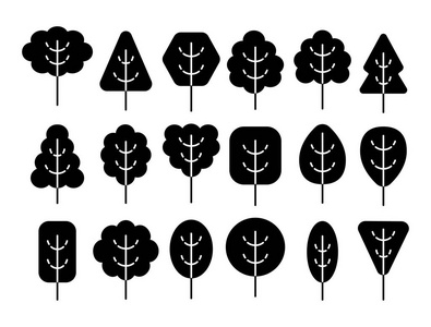 简单的几何树木符号。 森林植物的平面图标集。 自然公园标志。 白色背景下的孤立物体