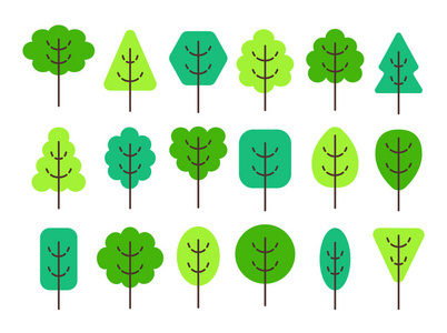 简单的几何树木符号。 绿色夏季森林植物的平面图标集。 自然公园标志。 白色背景下的孤立物体