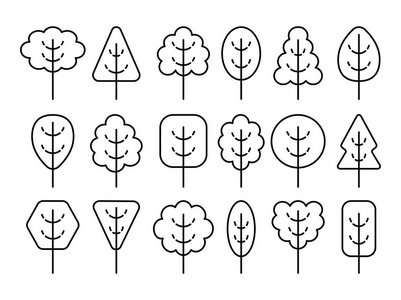 简单的几何树木符号。 森林植物的线图标集。 自然公园标志。 白色背景下的孤立物体