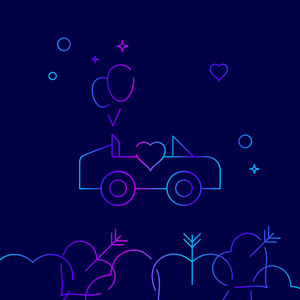 婚礼马车, 汽车矢量线图标, 符号, 象形文字, 在深蓝色背景上的标志。相关的底部边框