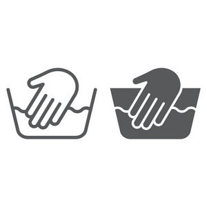 洗手线和字形图标, 洗涤和洗涤, 手标志, 矢量图形, 在白色背景的线性