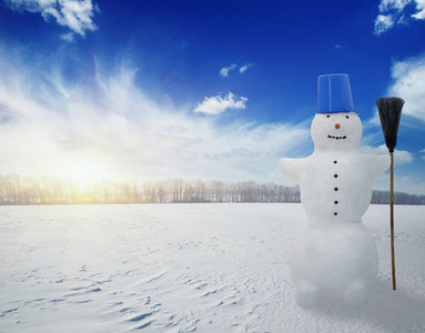 雪人站在冬天的风景中
