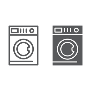 洗车线和字形图标, 洗衣和清洁, 洗衣机标志, 矢量图形, 在白色背景的线性图案