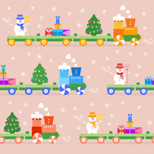 无缝图案与圣诞火车携带圣诞树雪人与扫帚礼物。 新年快乐2019年圣诞卡。