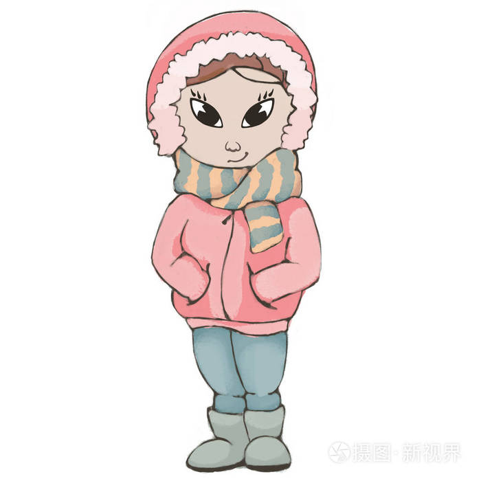 穿粉色冬衣的女孩妇女动画片在冬天敞篷隔离在白色背景
