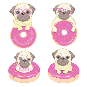 可爱的杯子在眼镜和快乐的脸在粉红色甜甜圈狗矢量插图。