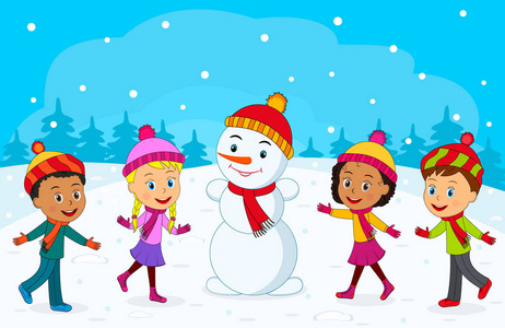 孩子们，男孩，女孩，雪人在冬天的背景插图矢量