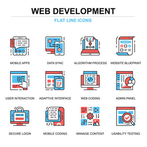 平面线网页开发图标概念设置为网站和移动网站和应用程序。 移动应用程序编码用户界面测试。 细线颜色简单象形文字包。 矢量图。