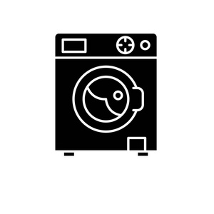 洗衣机黑色图标, 矢量标志在孤立的背景。洗衣机概念标志, 例证