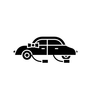 婚礼车黑色图标, 矢量标志上孤立的背景。婚礼汽车概念标志, 例证