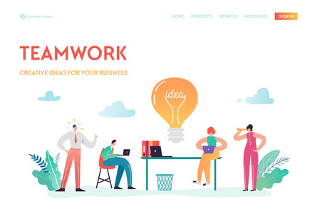 团队合作, 业务解决方案登陆页面模板。商业人物角色团队为网站或网页的创意项目工作。向量例证