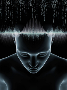 心理波动系列。 关于意识大脑智力和人工智能主题的人头图和技术符号的三维布局