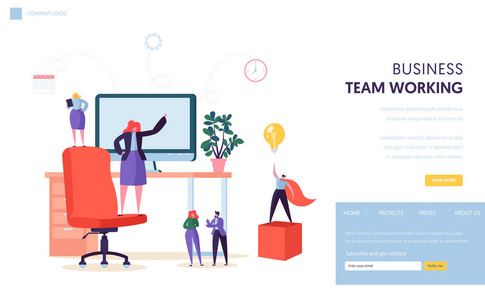 团队办公场所着陆页模板。商务人士角色一起工作的网站或网页设计。向量例证