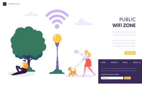无线网络登录页面模板。公园内的公共 wifi 区域, 其中包含使用移动设备访问网站或网页的字符。向量例证