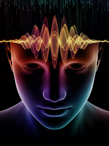 心理波动系列。 人脑三维插图的背景构成及意识大脑智力和人工智能领域的技术符号