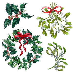 一套水彩圣诞槲寄生冬青树和红色蝴蝶结隔离在白色背景上。 手绘冬青和槲寄生树枝，红色和白色浆果隔离在白色背景上。