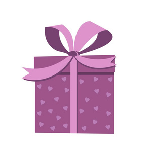 紫色礼品盒，有粉红色的小心脏。 矢量插图隔离在白色上。