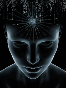 心理波动系列。 关于意识大脑智力和人工智能主题的人脑和技术符号三维插图的组成