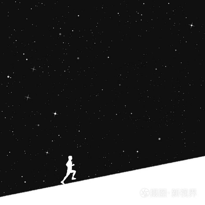 矢量插图与剪影的男性跑步者在星空下. 颠倒黑白