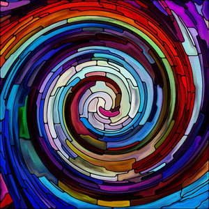 螺旋旋转系列。 彩色玻璃漩涡彩色碎片图案的创意编排，作为色彩设计创意艺术和想象主题的概念隐喻