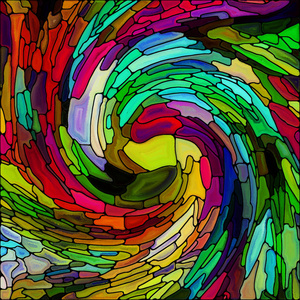 螺旋旋转系列。 彩色碎片彩色玻璃旋流图案的背景构成色彩设计创意艺术与想象