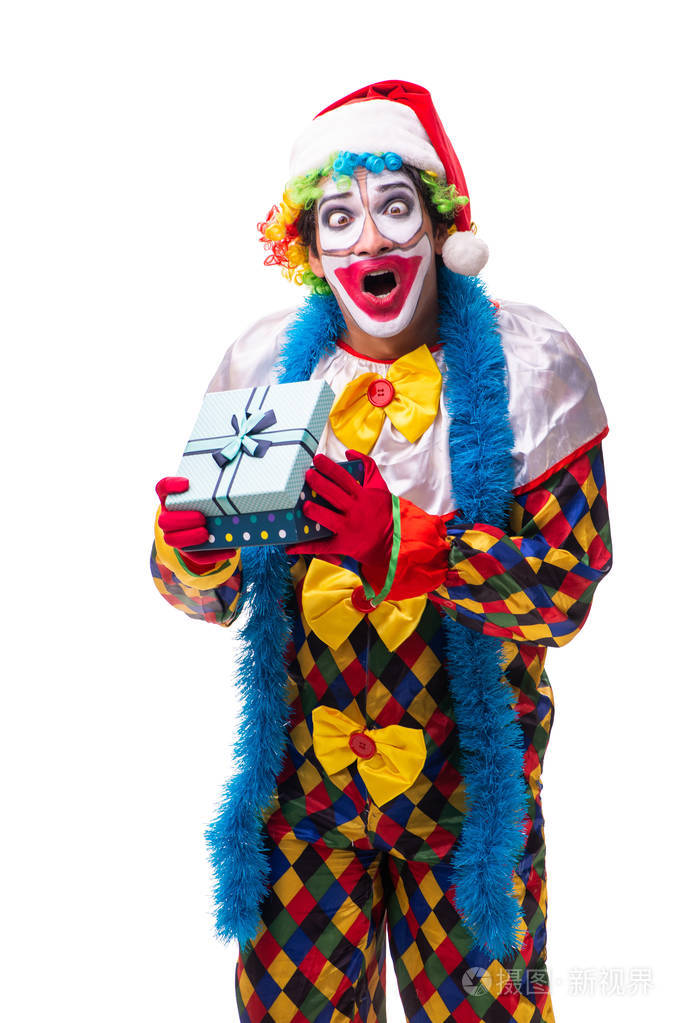 年轻的滑稽的小丑喜剧演员查出在白色