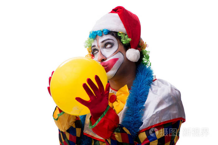 年轻的滑稽的小丑喜剧演员查出在白色