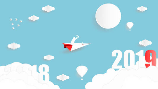 矢量插图平面设计商人坐在纸飞机上，从2018年到2019年飞越天空，纸艺术风格概念为2019年新年。