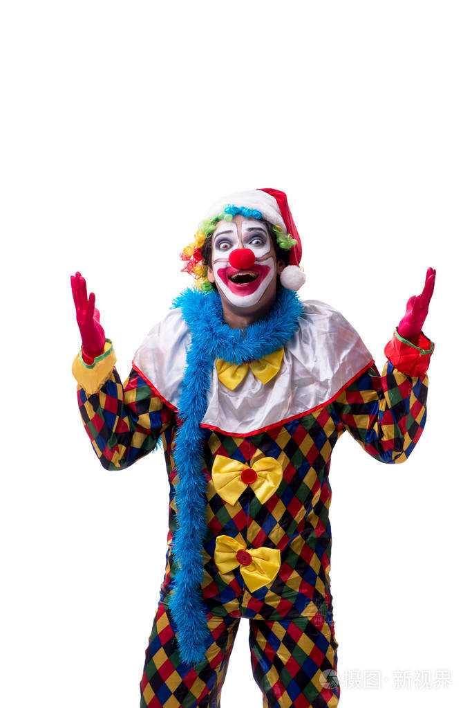 年轻的滑稽的小丑喜剧演员查出在白色