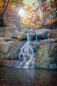 俄罗斯符拉迪沃斯托克附近的森林中秋季颜色的小瀑布瀑布