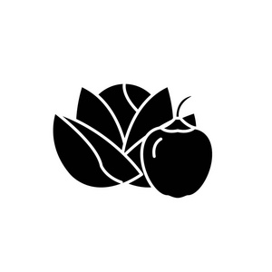 蔬菜和水果黑色图标, 矢量标志在孤立的背景。蔬菜和果子概念标志, 例证