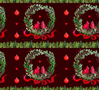 圣诞节水彩美丽的无缝图案与花环，鸟，丝带和球。新年快乐装饰。假日纺织品纸张卡片等装饰印刷品