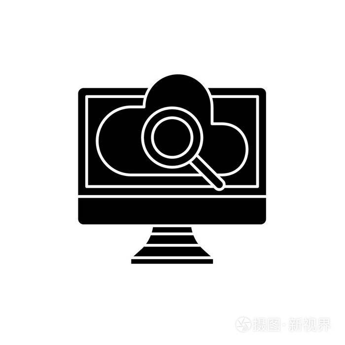 电脑在线搜索黑色图标, 矢量标志上的孤立的背景.
