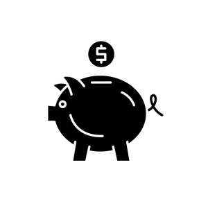 小猪银行黑色图标, 矢量标志上孤立的背景。小猪银行概念标志, 例证