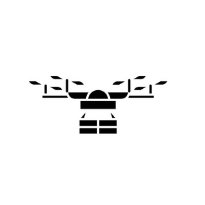 无人机黑色图标, 在隔离的背景上的矢量符号。无人机概念标志, 例证