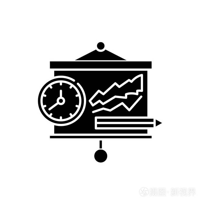 演示文稿黑色图标, 在隔离的背景上的矢量符号。表示文稿概念符号, 插图