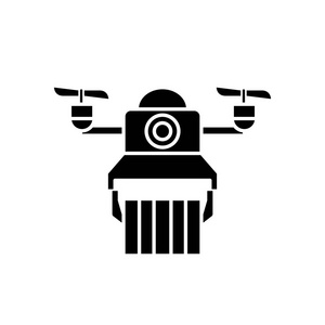 交付由无人机黑色图标, 矢量标志上的孤立的背景.