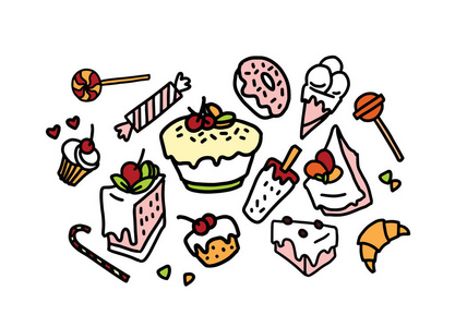 手工绘制的糖果蛋糕甜甜圈松饼矢量草图
