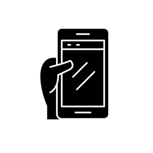 智能手机在手黑色图标, 矢量标志上孤立的背景。智能手机在手概念符号, 例证