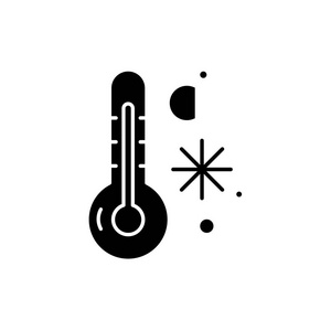 冬季温度黑色图标, 矢量标志上孤立的背景。冬天温度概念标志, 例证