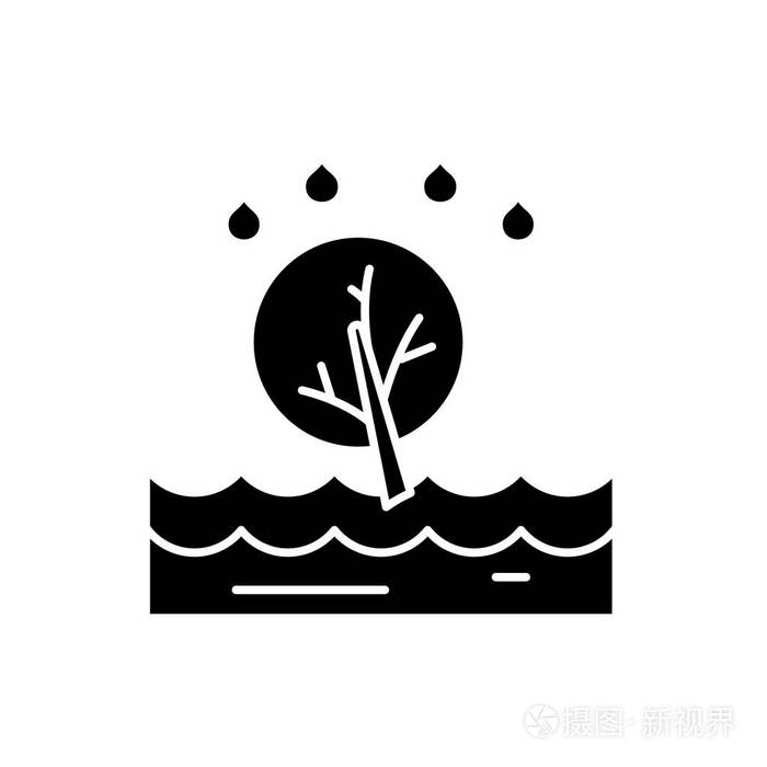 洪水黑色图标在孤立的背景上的矢量符号洪水概念标志例证