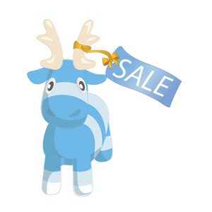 矢量可爱的蓝色卡通驯鹿玩具与销售标签。 圣诞快乐和新年假期插图的滑稽角色
