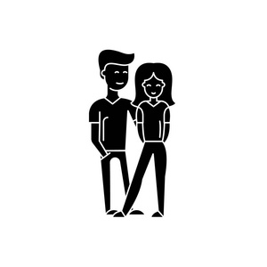 年轻的幸福夫妇黑色图标, 矢量标志在孤立的背景。年轻的愉快的夫妇概念标志, 例证